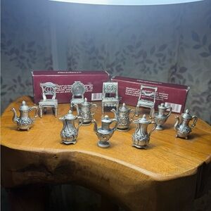 Vintage Pewter Miniature Chair Place Card Holders Figurines and tea set. 12 p